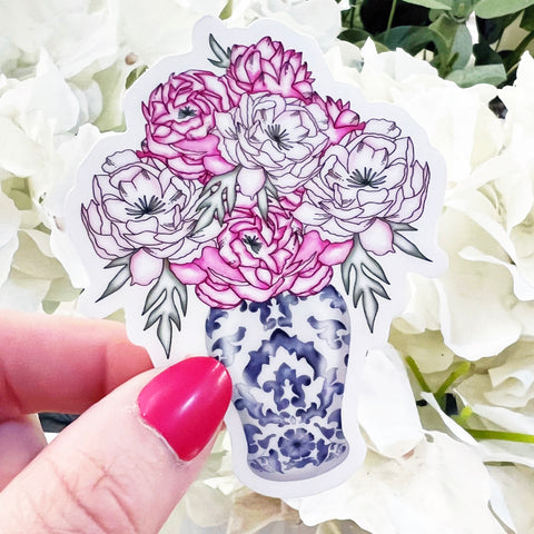 PINK PEONIES IN CHINOISERIE VASE VINYL STICKER (CLEAR)