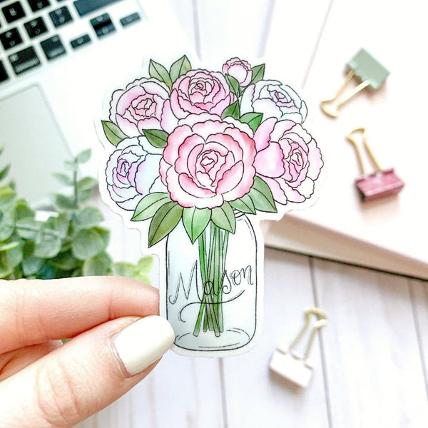 MASON JAR PEONIES DIE CUT STICKER