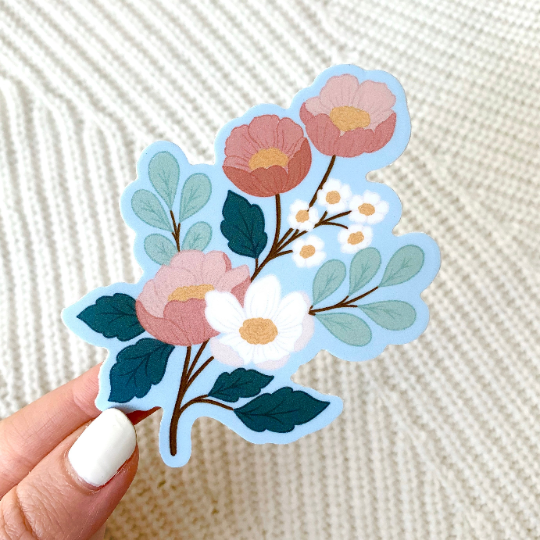 WHITE PINK BLUE FLORAL DIE CUT STICKER