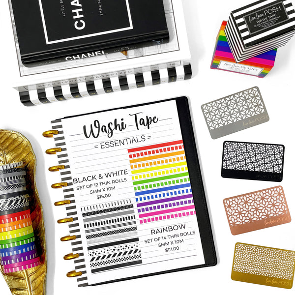 THIN WASHI TAPE ESSENTIALS - BLACK & WHITE (Set of 12)