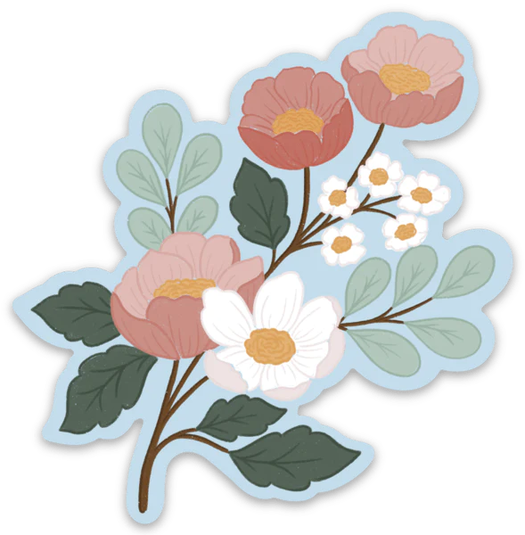 WHITE PINK BLUE FLORAL DIE CUT STICKER