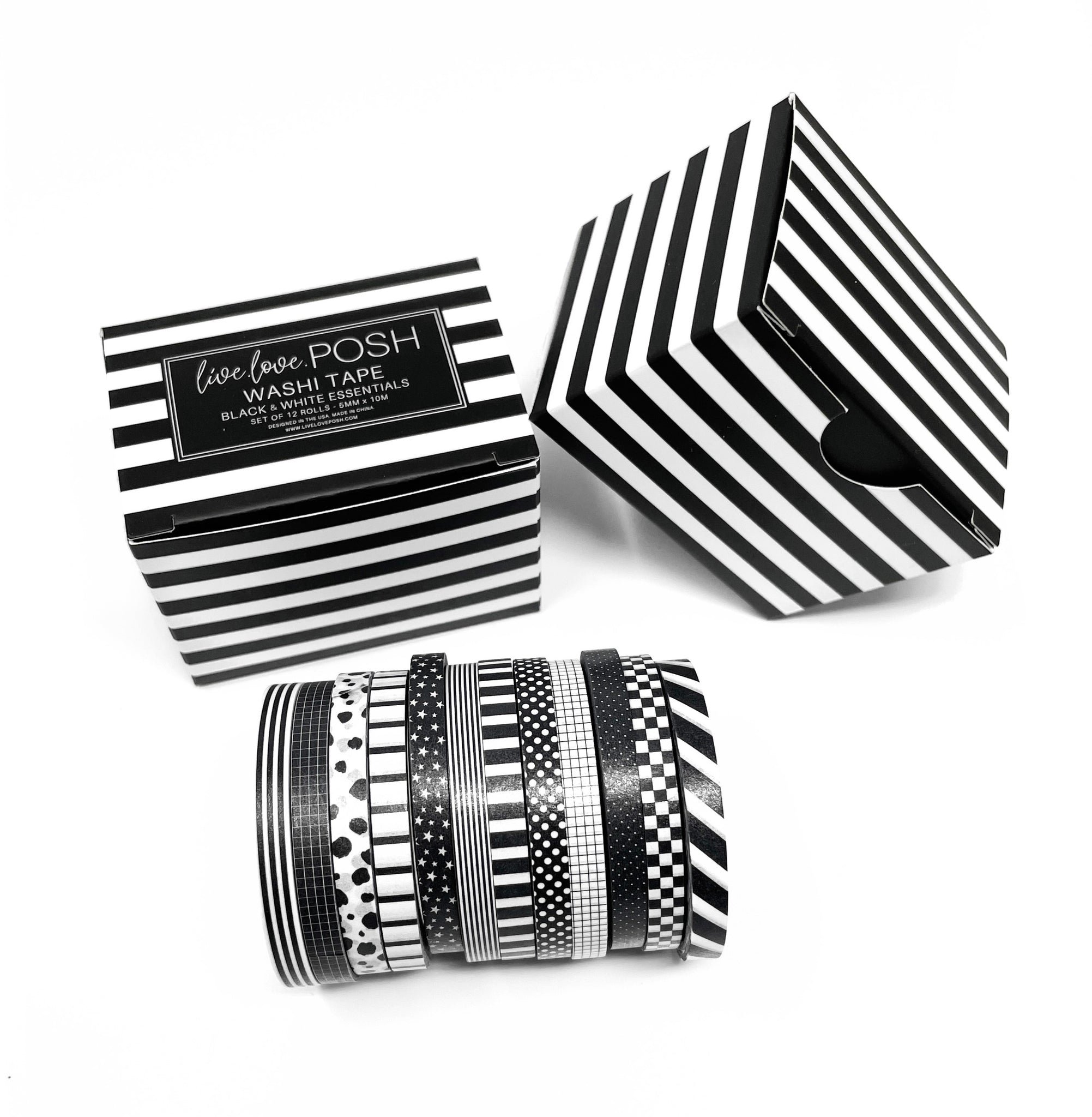 THIN WASHI TAPE ESSENTIALS - BLACK & WHITE (Set of 12)