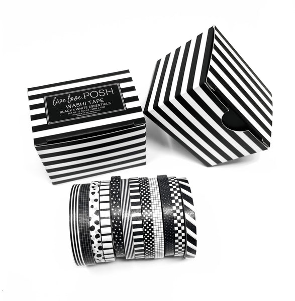 THIN WASHI TAPE ESSENTIALS - BLACK & WHITE (Set of 12)